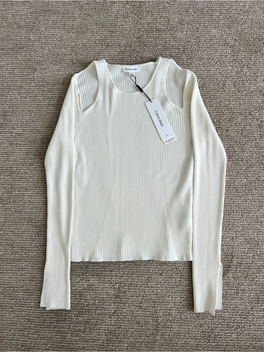 Calvin Klein Cream Ribbed Long-Sleeve Top with Shoulder Cutout